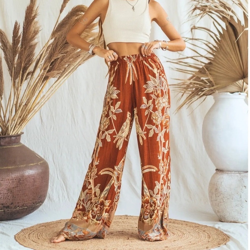 Brahmaki EcoVero Terra Di Siena Brown Floral Reversible Pants Boho Yoga Hippie